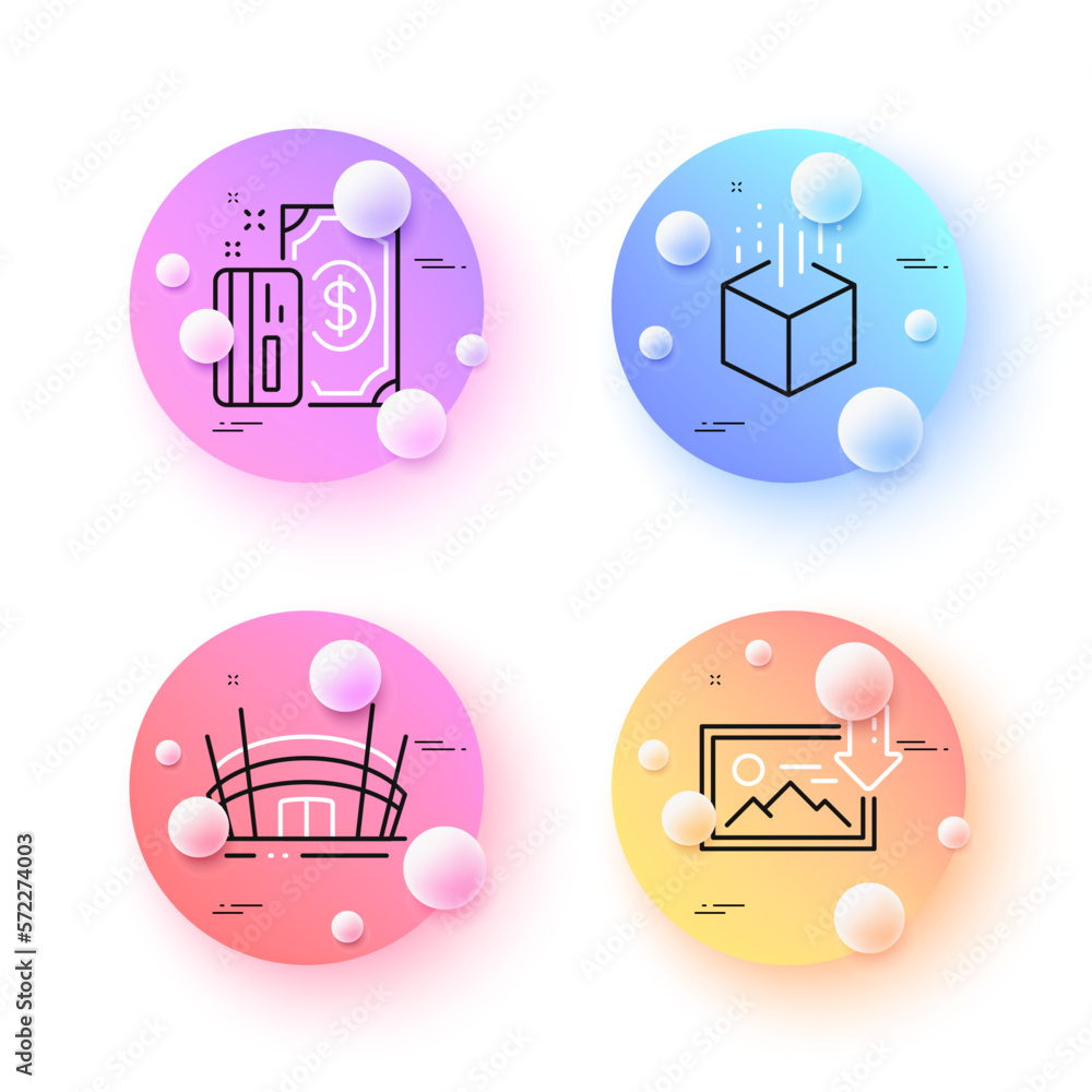 Download photo, Arena stadium and Payment minimal line icons. 3d spheres or balls buttons. Augmented reality icons. For web, application, printing. Vector