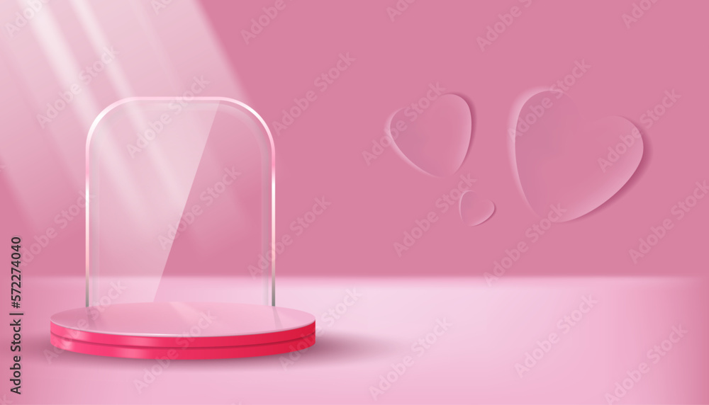 background room with love, pastel pink with glass mirror and light rays, backgorund vector 3D cylinder rendered for product presentation studio background room with love, pastel pink with glass mirror and light rays, backgorund vector 3D cylinder rendered for product presentation studio