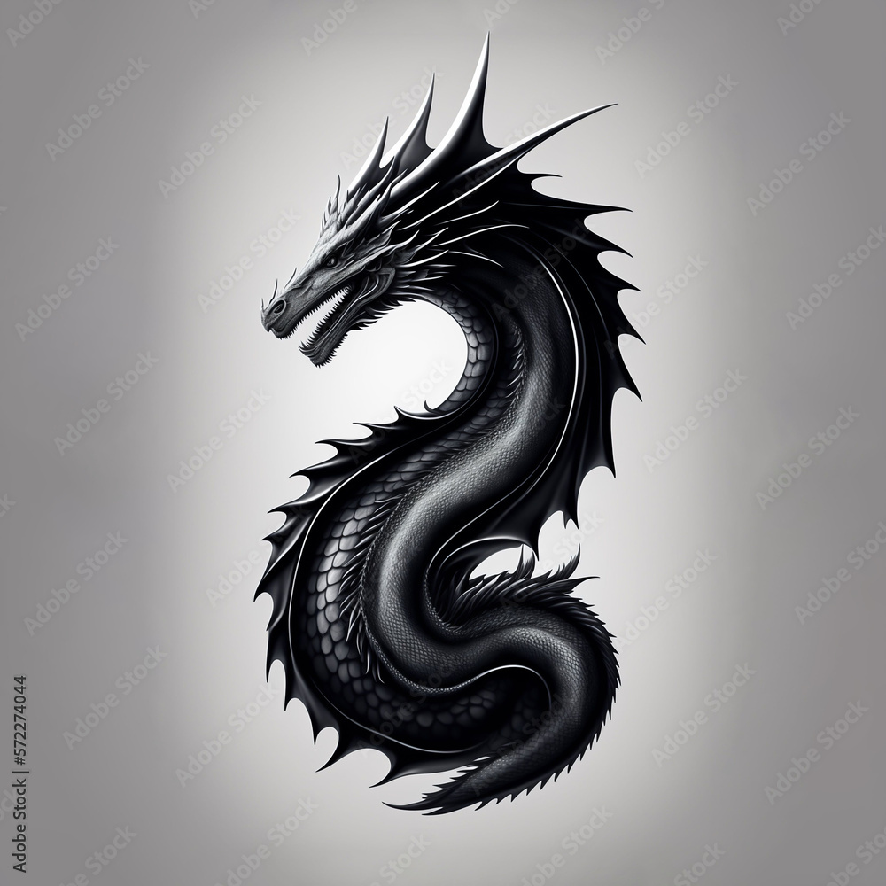 drawing of a black dragon on a white background, a detailed drawing ...