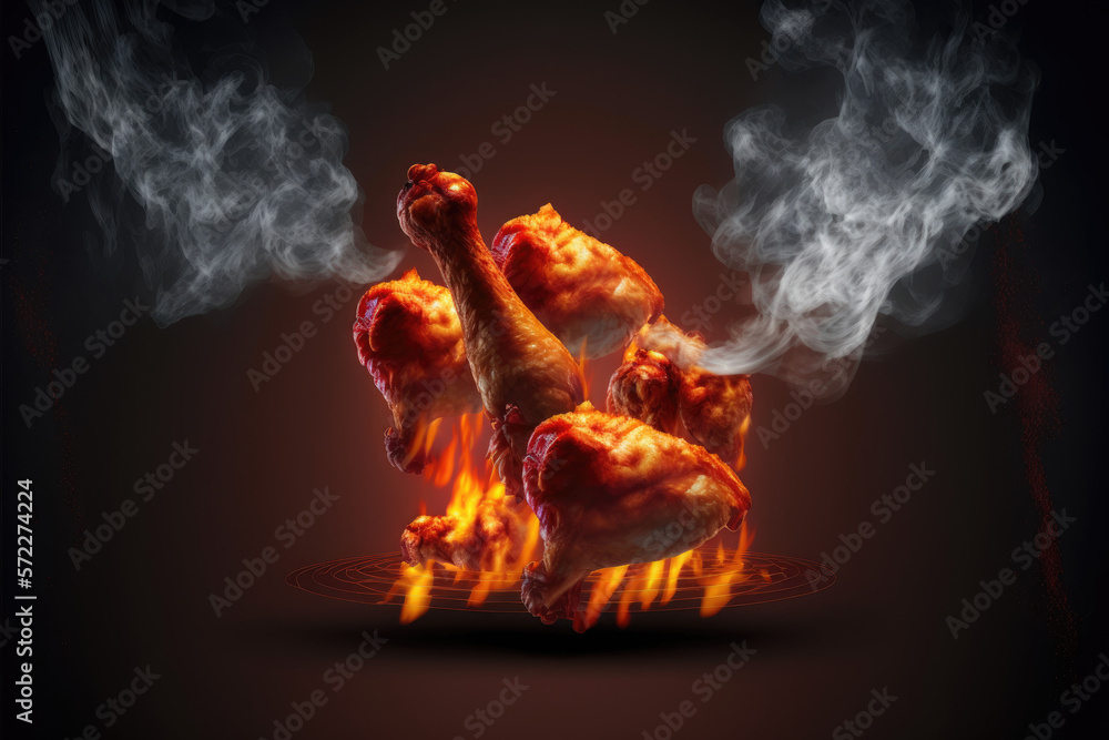 Grilled chicken, cooked over an open flame with huge fire flames