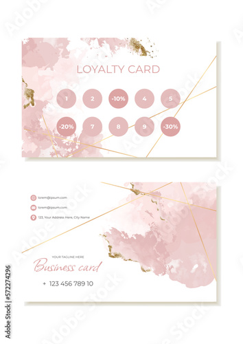 Client loyalty business card template on pink watercolor background. Suitable for the beauty industry. Vector