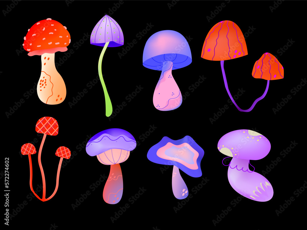 Bright vector fantastic mushrooms isolated on background.