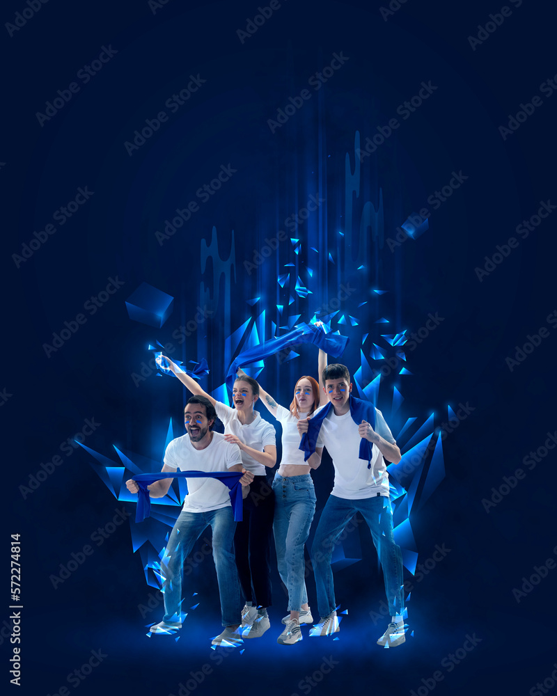 Fototapeta premium Creative art collage. Modern design. Emotional young people, men and women, fans actively cheering up favourite sport team over blue background. Concept of sport, cup, world, team, event, competition