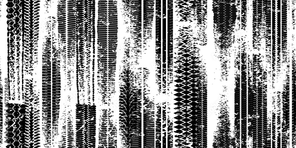 Vertical black tire tread print or car track with grunge effect seamless pattern. Footprint of bike or vehicle wheels with texture. Top view of rubber protector marks on road. Vector background
