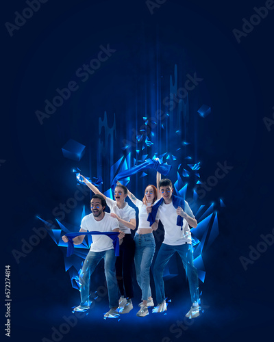 Creative art collage. Modern design. Emotional young people, men and women, fans actively cheering up favourite sport team over blue background. Concept of sport, cup, world, team, event, competition © master1305