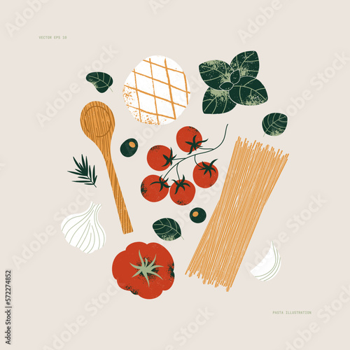 Italian pasta ingredients. Spaghetti recipe. Food textured composition.