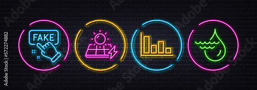 Fake information, Solar panels and Histogram minimal line icons. Neon laser 3d lights. Hydroelectricity icons. For web, application, printing. False truth, Electric power, Economic trend. Vector