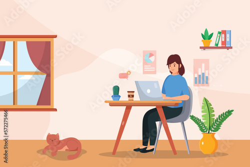 Young worker doing job at living room with small pet in cartoon character,