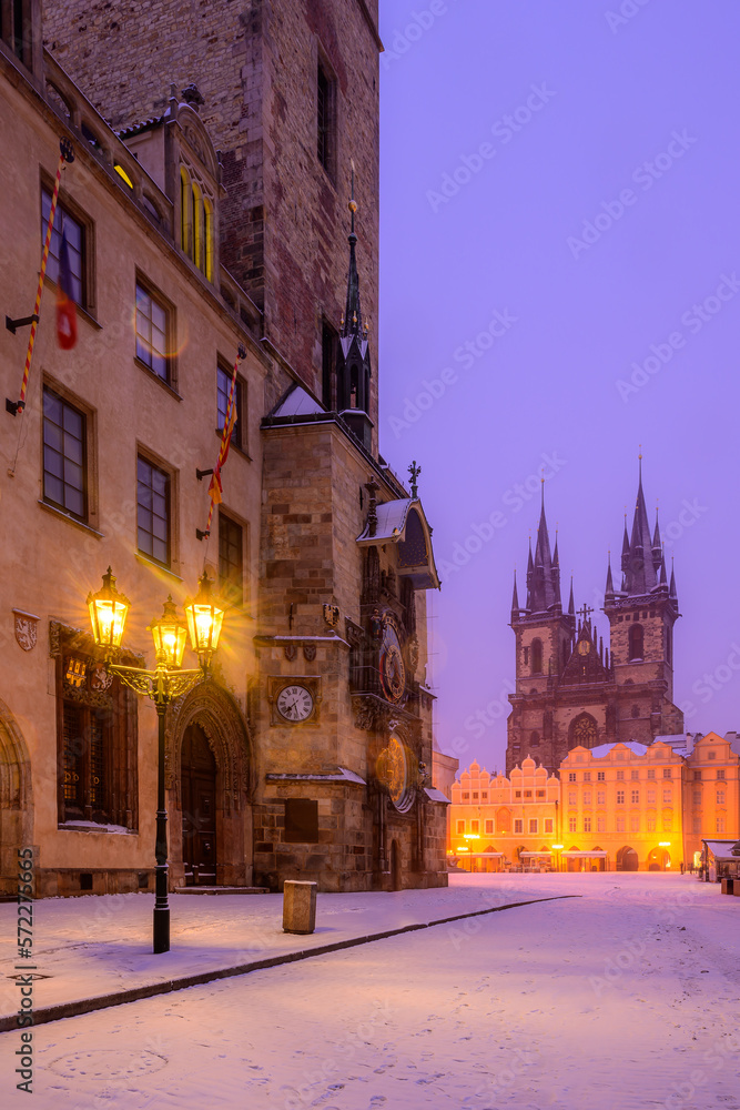 Early freezing morning on the Old Town Square (Staroměstské Náměstí)  covered in fresh snow  in Prague.