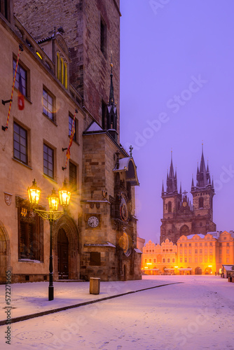Early freezing morning on the Old Town Square (Staroměstské Náměstí) covered in fresh snow in Prague.