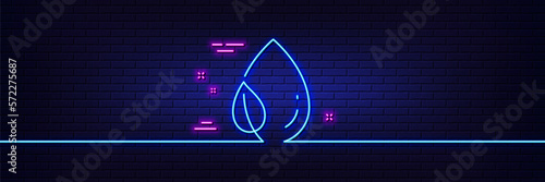 Neon light glow effect. Mint leaf with water drop line icon. Nature plant dew sign. Environmental care symbol. 3d line neon glow icon. Brick wall banner. Leaf dew outline. Vector