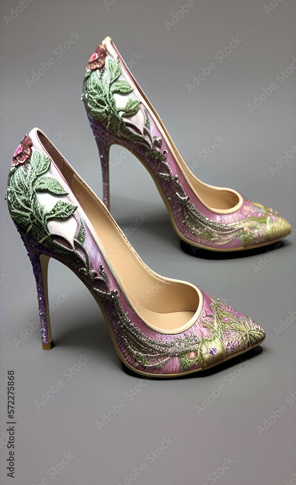 Obraz premium high heel woman shoes with floral decorations, generative ai illustration, these depiction is fictitious and generated