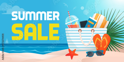 Summer sale advertisement with beach accessories