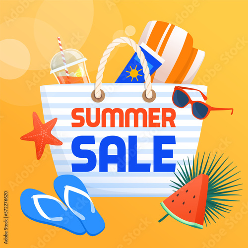 Summer sale advertisement with beach accessories