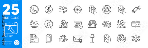 Outline icons set. Card, Coffee and Quality icons. Security contract, Verified mail, Seo gear web elements. Stand lamp, Spanner, Check investment signs. Like app, Call center, Refill water. Vector