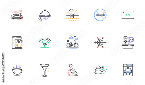 Hotel service line icons. Wi-Fi, Air conditioning and Coffee maker machine. Spa stones, swimming pool and hotel parking icons. Linear set. Bicolor outline web elements. Vector