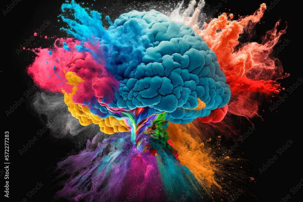 brain explosion with multicolored powder on a black background. Generative AI.