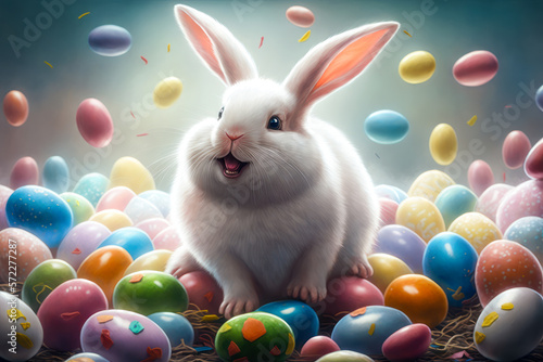A cheerful white rabbit is sitting surrounded by colorful Easter eggs. Generative AI.
