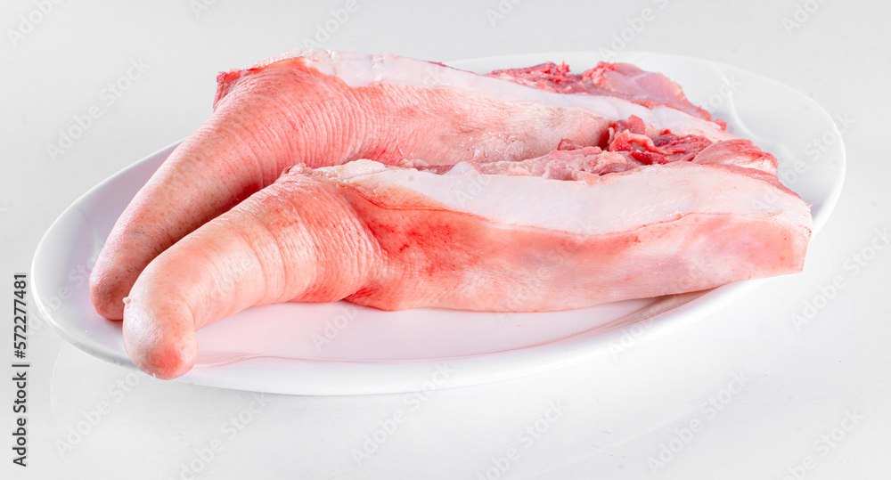 Fresh pork tail on a white plate on a white background Fresh pork tail on a white plate on a white background