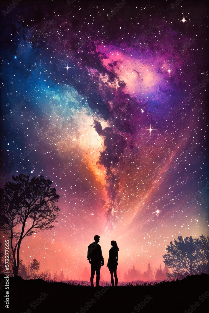 two people standing on hill looking at the stars in the sky. Generative AI.