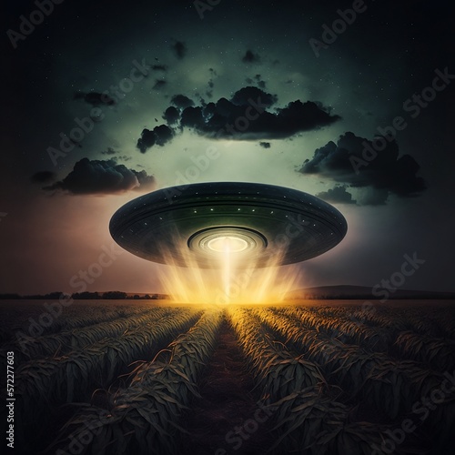 Mysterious UFO flying over an agricultural field at night. Alien abduction in a crop plantation. Generative AI.