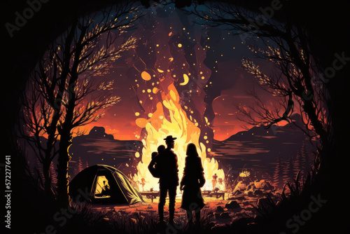 man and woman standing in front of campfire. Generative AI.