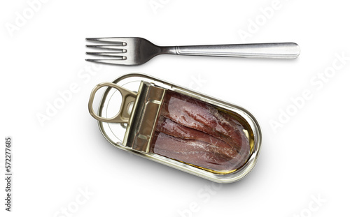 Opened tin can of anchovy fillet in oil and silver fork isolated on a transparent background photo