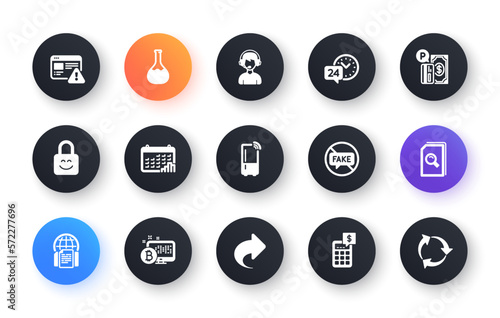 Minimal set of 24h service, Bitcoin system and Search files flat icons for web development. Parking payment, Calendar graph, Refrigerator icons. Consultant, Share, Chemistry lab web elements. Vector