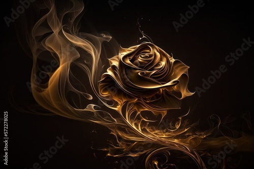 Golden rose and swirl smoke around, black background. Artistic flower. Generative AI