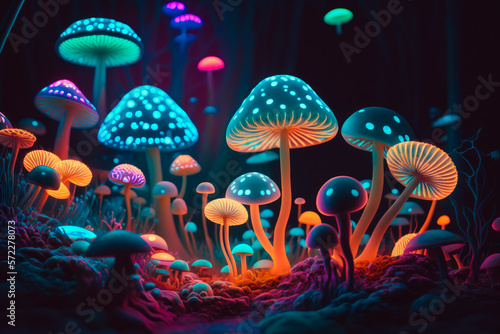 bunch of mushrooms that are glowing in the dark. Generative AI.