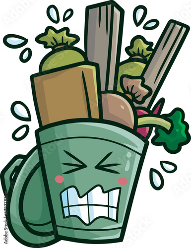 Funny dark green trash can cartoon character with annoyed expression photo