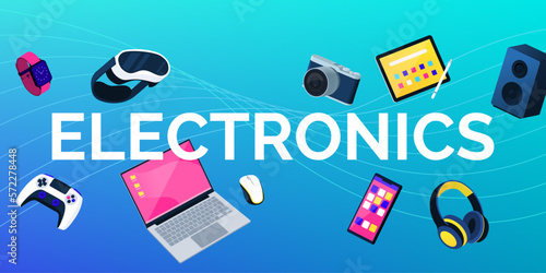 Electronics text surrounded by electronic devices