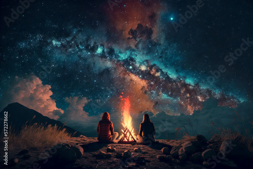 two people sitting around campfire under night sky filled with stars. Generative AI.