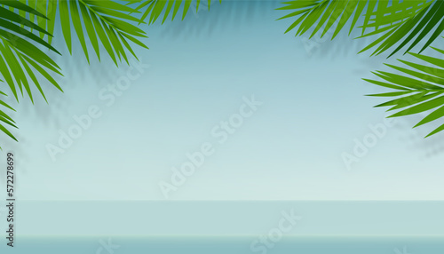 Summer background Studio Room with palm leaves on blue wall.Vector 3D Gallery room with branches tropical leaves with shadow,Backdrop background Minimal design for Spring summer products presentation