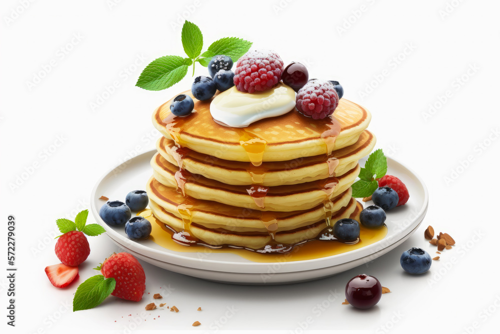 Stack of pancakes topped with fruit and syrup. Generative AI.