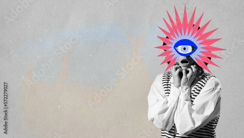 Photography Creative artwork of screaming woman with 3D origami mask on her head over light background