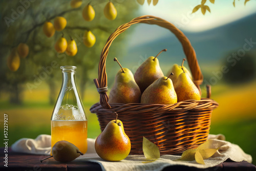 Basket of pears and bottle of wine. Generative AI.