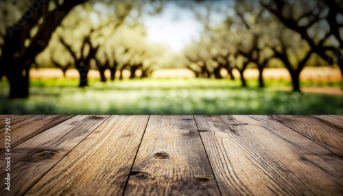 Wooden table top with blurry background. Generative AI.