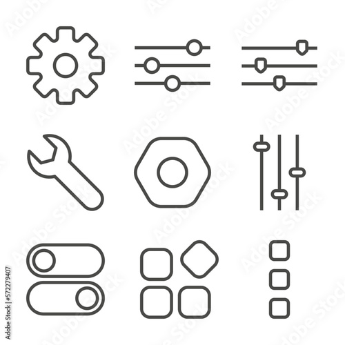Set of Setting Outline Icon. Gear, Switch, Wrench, Bolt, and More Editable Stroke. Vector Eps 10