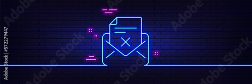 Neon light glow effect. Reject letter line icon. Delete mail sign. Decline message. 3d line neon glow icon. Brick wall banner. Reject letter outline. Vector