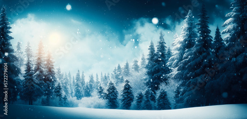 Snowy landscape with trees. Generative AI. © valentyn640