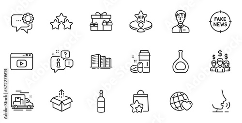 Outline set of Loyalty points, Salary employees and Vip table line icons for web application. Talk, information, delivery truck outline icon. Vector
