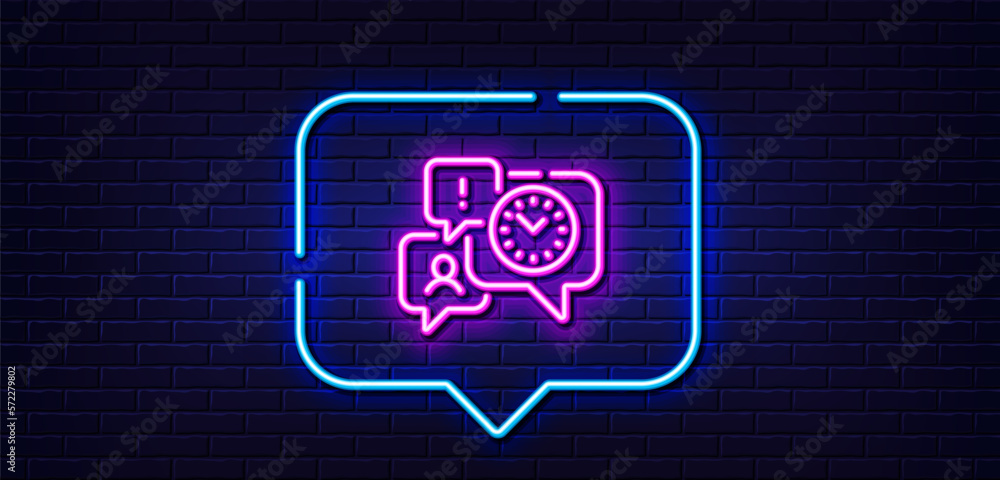 Neon light speech bubble. Time management line icon. Clock sign. Watch symbol. Neon light background. Time management glow line. Brick wall banner. Vector Neon light speech bubble. Time management line icon. Clock sign. Watch symbol. Neon light background. Time management glow line. Brick wall banner. Vector