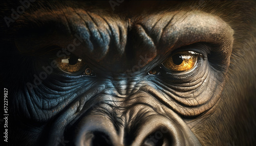 Close up of gorilla's face with yellow eyes. Generative AI. © valentyn640