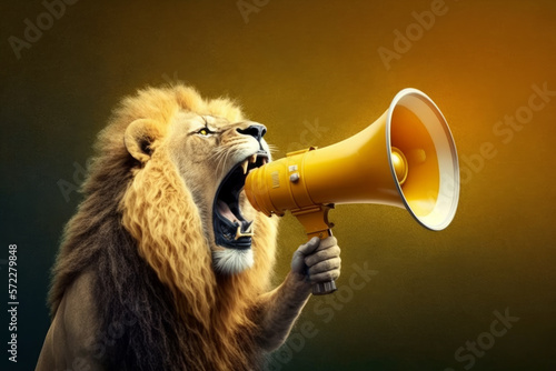 Lion holding megaphone with its mouth open. Generative AI.