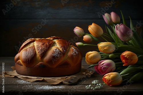 Homemade Easter bread with tulips, dark wooden background. Generative AI.