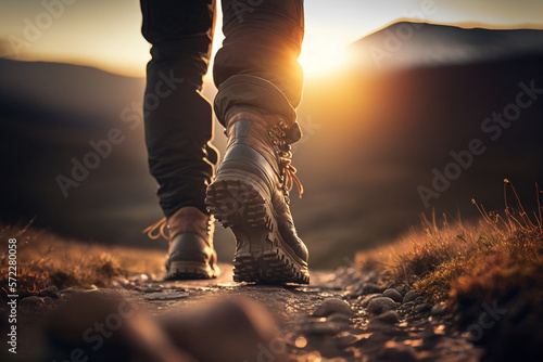 Photographie Man hiking up mountain trail close-up of leather hiking boot created with genera