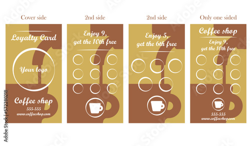 Coffee loyalty card template to print with cup and coffee machine   silhouette. Vector illustration business card template. Buy 9 get the 10th free. Enjoy 5, get the 6th free.