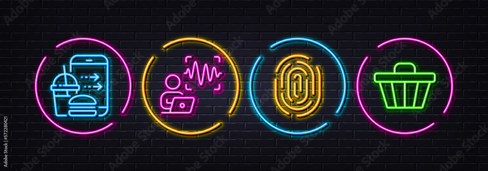 Fingerprint, Food order and Voice wave minimal line icons. Neon laser 3d lights. Shop cart icons. For web, application, printing. Biometric scan, Food delivery, Sound identity. Web buying. Vector