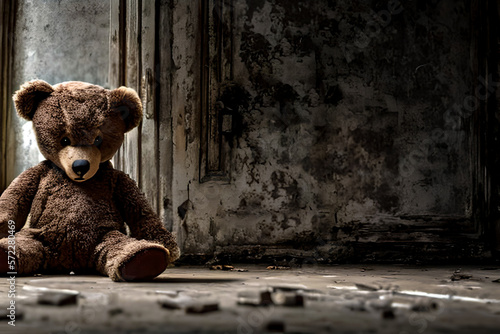 Teddy bear toy sitting alone on the floor in a room of an old abandoned house. Dramatic scary background, copy space for text, darkness horror concept.